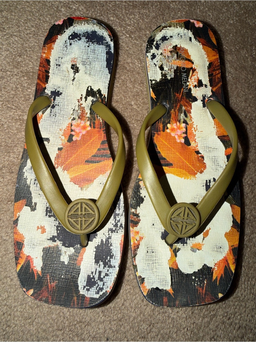 ANTONIO MELANI Olive Green Floral-Print Women's Flip Flops
